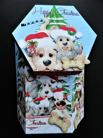 GORGEOUS TALL HEXAGONAL CHRISTMAS DECOUPAGE BOX - CHRISTMAS PUPS by Valerie Spowart