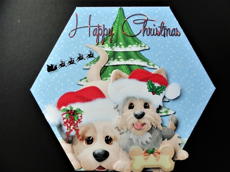 GORGEOUS TALL HEXAGONAL CHRISTMAS DECOUPAGE BOX - CHRISTMAS PUPS by Valerie Spowart