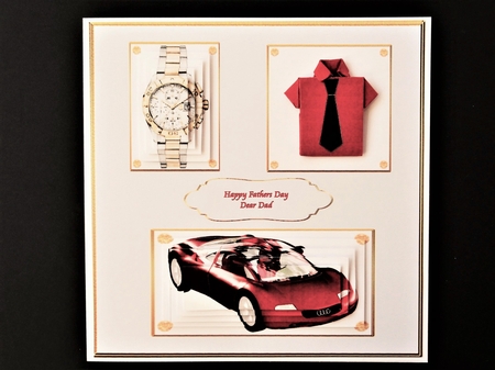 8 x 8 red and grey origami shirt card front. by Valerie Spowart