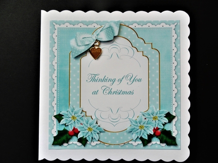 Dusky Teal Poinsettia Thinking of You at Christmas Fancy 7in Decoupage Topper by Valerie Spowart