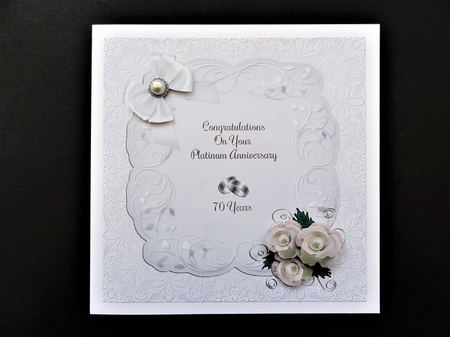 Square White Roses & Rings Platinum Anniversary Card by Valerie Spowart