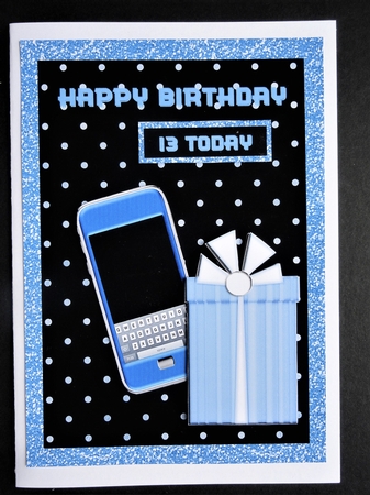 A5 Blue Phone & Present Birthday Card by Valerie Spowart