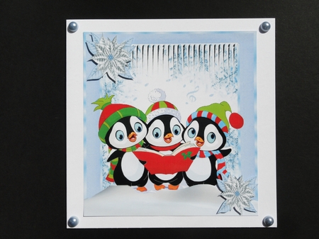 Cute carol singing trio of penguins with snowflakes 8x8 by Valerie Spowart