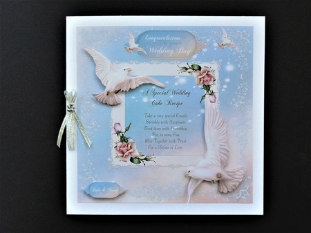 Beautful wedding cake recipe card card front with decoupage and sentiments by Valerie Spowart