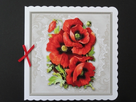 Lovely red poppies on vintage lace doily (light brown) by Valerie Spowart