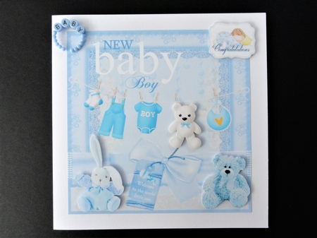 New Welcome Baby Boy card front with decoupage and sentiments by Valerie Spowart