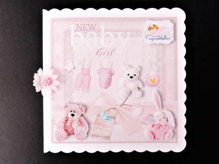 New Welcome Baby Girl card front with decoupage and sentiments by Valerie Spowart