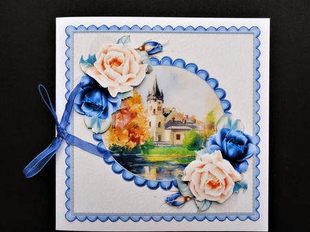 The Vintage Church and Blue and Peach roses by Valerie Spowart