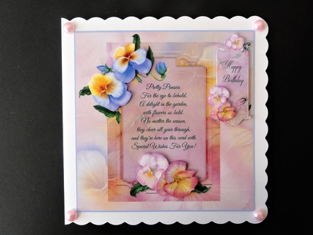 Pretty Pansies card front with decoupage by Valerie Spowart