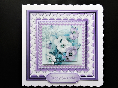 Pretty lilac pansies with pearls lace in 7x7 frame with pyramids by Valerie Spowart
