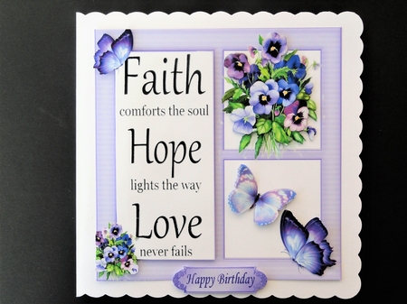 pretty purple shades of pansies with butterflies 8x8 by Valerie Spowart