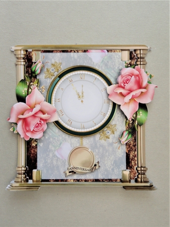 Glass and Brass Clock Card - Pink Rose by Valerie Spowart