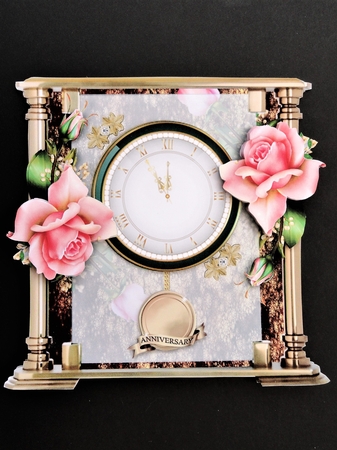 Glass and Brass Clock Card - Pink Rose by Valerie Spowart