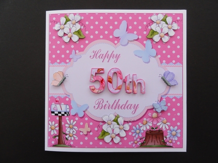 Happy 50th Birthday Butterfly Pink Background 8x8ins Topper by Valerie Spowart