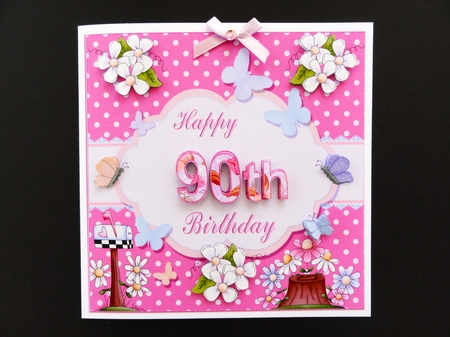 Happy 90th Birthday Butterfly Pink Background 8x8ins Topper by Valerie Spowart