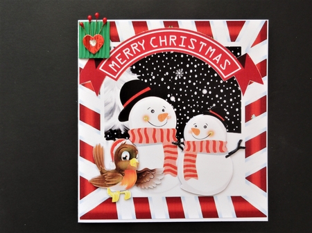 Lovely pair of toon snowmen with robin in red striped frame 8x8 by Valerie Spowart