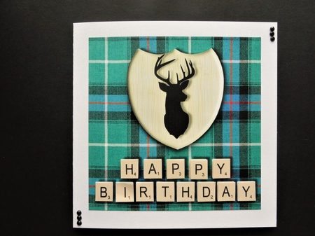 Male Birthday card in McDonald hunting tartan, stag emblem and scrabble letters topper for 6x6 card by Valerie Spowart