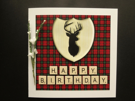 Male Birthday card in red and green tartan, stag emblem and scrabble letters topper for 6x6 card by Valerie Spowart