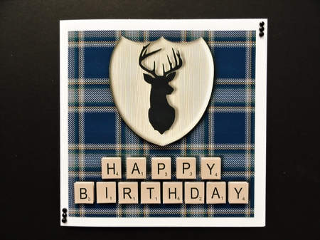 Male Birthday card in blue plaid, stag emblem and scrabble letters topper for 6x6 card by Valerie Spowart