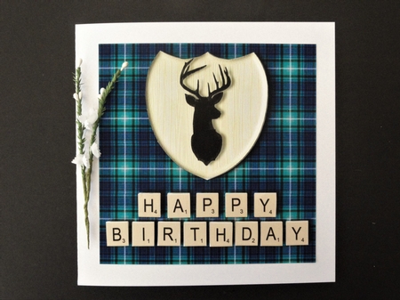 Male Birthday card in blue and green tartan, stag emblem and scrabble letters topper for 6x6 card by Valerie Spowart