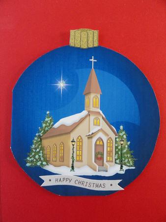 Christmas Church Blue Bauble Shaped Card by Valerie Spowart