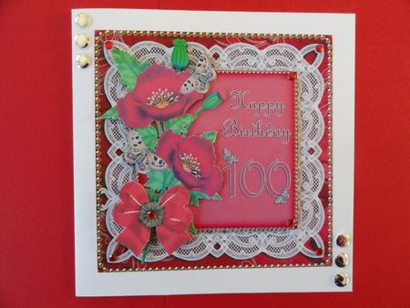 Red Poppy 100 Birthday Lace Decoupage Sheet by Valerie Spowart