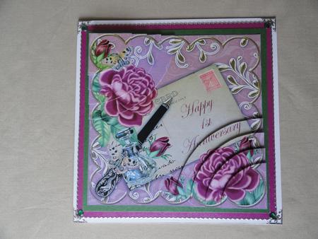 Deep Pink Roses Happy 1st Anniversary 6in Duo Corner Stacker by Valerie Spowart