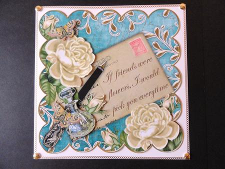 Cream Roses Teal If Friends 8in Scallop Decoupage Topper by Valerie Spowart
