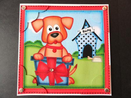 8 x 8 Rusty the Dog's Present Scalloped Corner Topper by Valerie Spowart