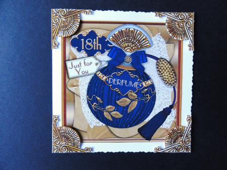 Blue Saphire Gold Perfume 18 Birthday 5in Cut and Fold Card by Valerie Spowart