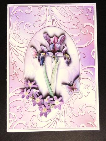Dawn Iris & Butterflies Decoupage Card Front by Valerie Spowart