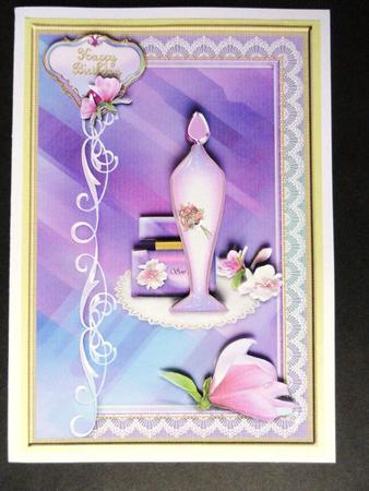 Lilac Perfume Bottles and Flowers Card Front by Valerie Spowart