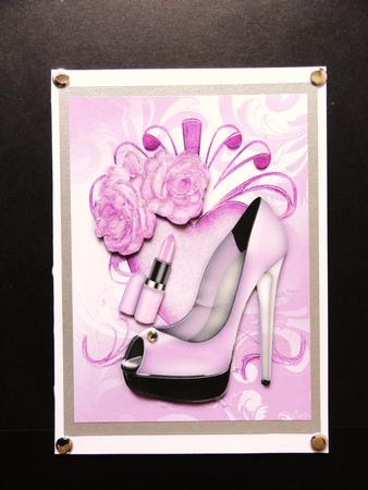 Ladies Pink Shoe with Lippy and Pink Rose A4 by Valerie Spowart