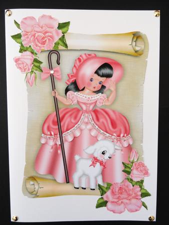 Little Bo Peep in Pink, with Little Lamb & Pink Roses A4 by Valerie Spowart