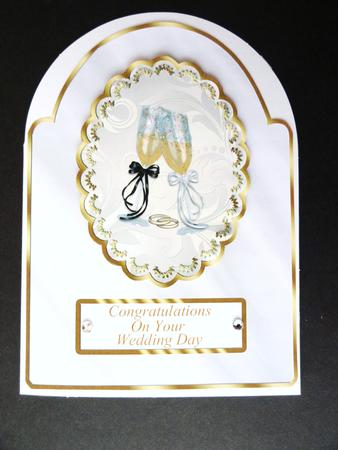 White & Gold Dome Shaped Card Front - Champagne Glasses & Ri by Valerie Spowart