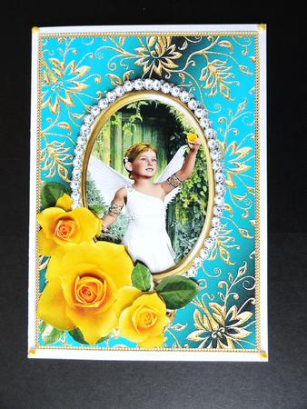 Decoupage Yellow Roses Angel Girl White Dress - Jade Card by Valerie Spowart