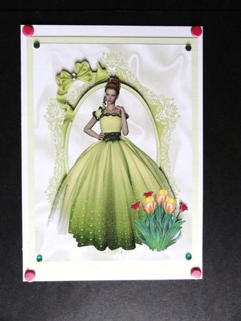 Pretty Lady in Ornate Frame with Tulips and Bow A4 by Valerie Spowart