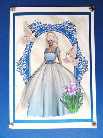 Pretty Lady with Doves and Tulips in Ornate Frame A4 by Valerie Spowart