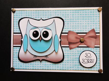 Cute Owl Sorry Decoupage Card Front - Brown & Aqua by Valerie Spowart