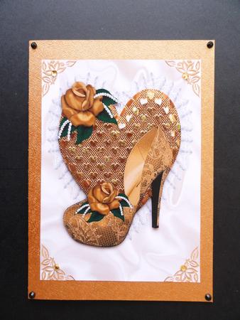 Gold Lace Heart with Gold Shoe and Roses A4 by Valerie Spowart