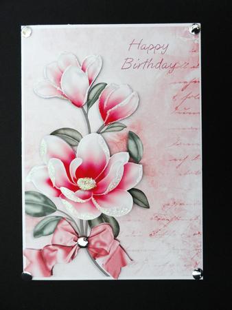 Pink Magnolias Birthday Card Front with Decoupage by Valerie Spowart