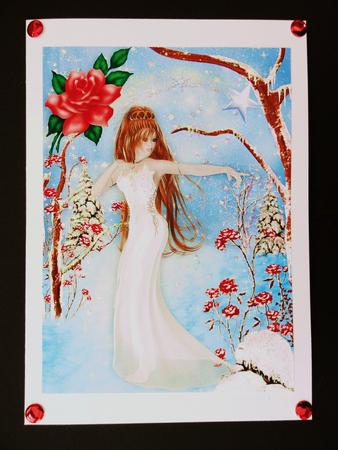 Beautiful Snow Princess with Red Rose A4 by Valerie Spowart
