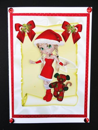 Christmas Fairy in Red with Her Teddy on a Scroll A4 by Valerie Spowart
