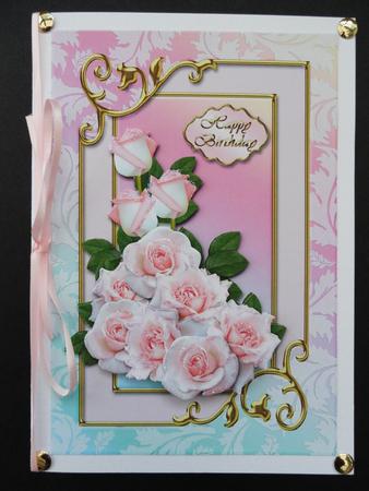 Pink Rose Bouquet in Leaf and Gold Frame Card Front by Valerie Spowart