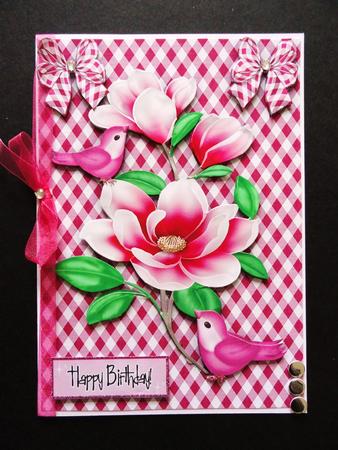 Pretty Pink Magnolia Flowers with Pink Birds on Gingham by Valerie Spowart