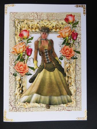 Steampunk Lady in Gold Frame with Peach Roses A4 by Valerie Spowart