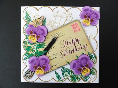 Purple Pansy Ink Saver Happy Birthday 6in Decoupage Topper by Valerie Spowart