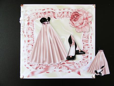 Pink Evening Gown with Shoes in Ruffled Frame with Rose by Valerie Spowart