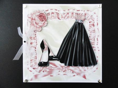 Black Evening Dress with Shoes in Ruffled Frame with Rose by Valerie Spowart