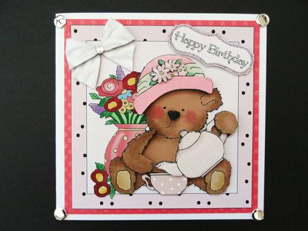 Pink Teddy Tea Time 5" Square Folded Card and Decoupage by Valerie Spowart